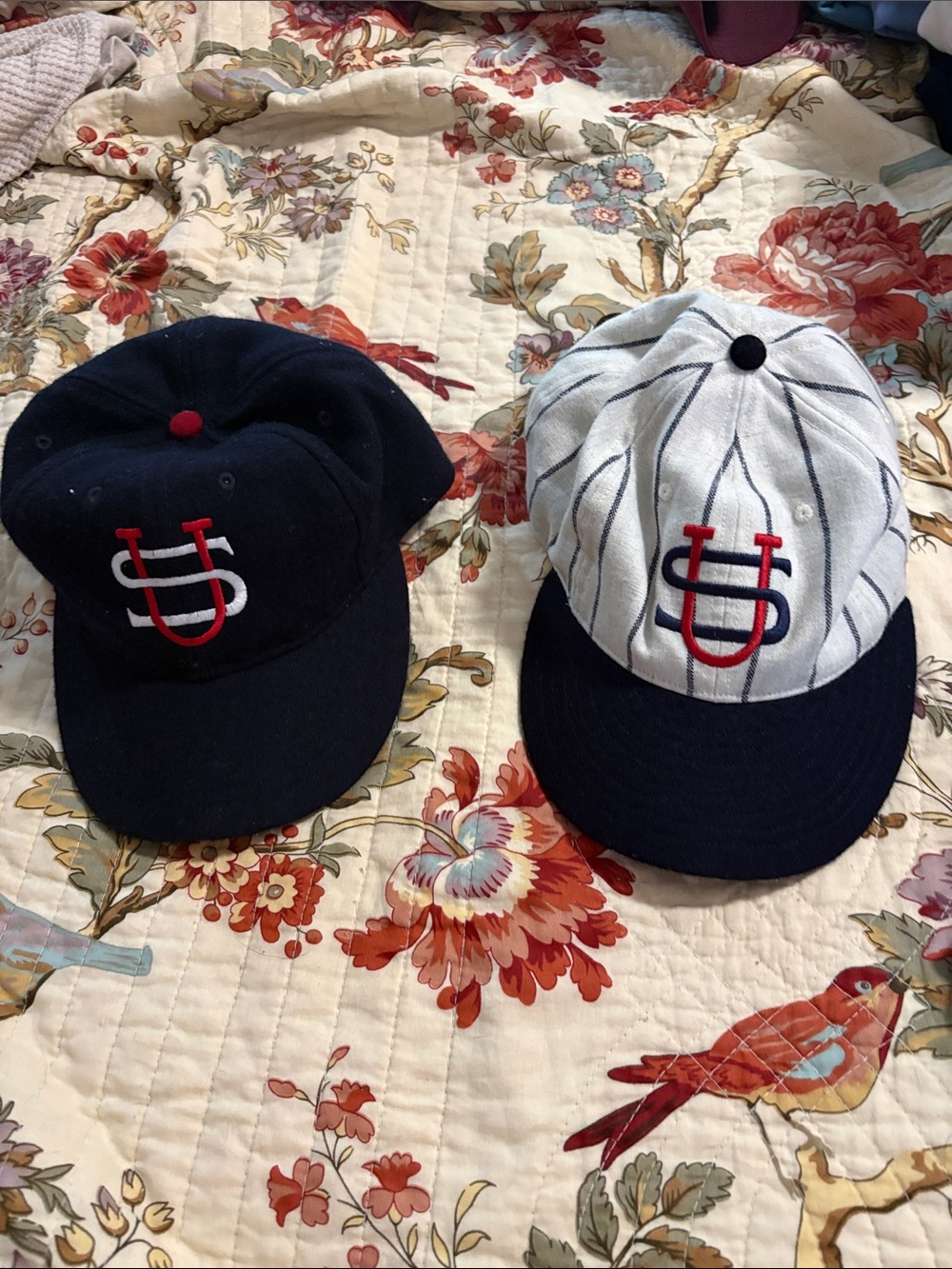 Ebbetts Navy and White Baseball Caps with Red & Blue Logo